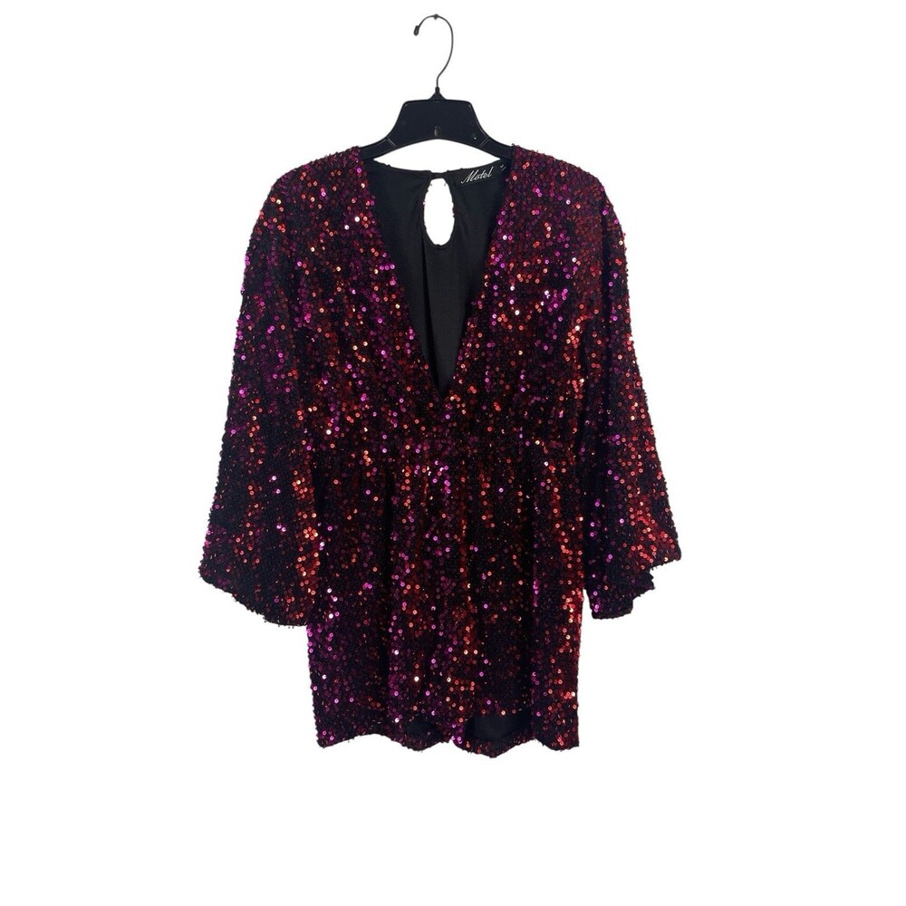 Motel Red & Burgundy Sequin Long Sleeve Romper Women’s M Deep V Party Club